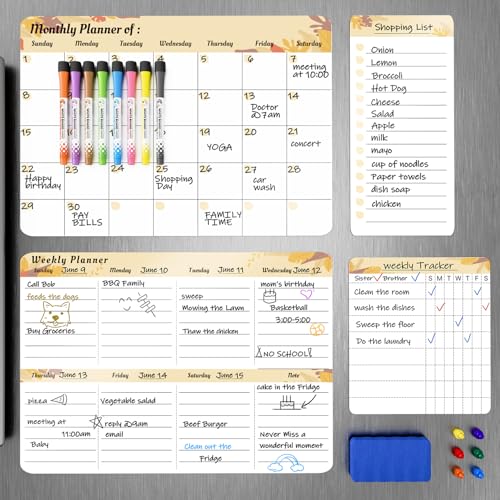 MARSROCK Refrigerator Calendar Magnetic, 16.3x11.7” (4-Pack) – Weekly & Monthly Planner, Chore Chart, Grocery/to-Do List for Fridge, Includes 8 Markers, 6 Magnets & 1 Eraser for Kitchen, Yellow