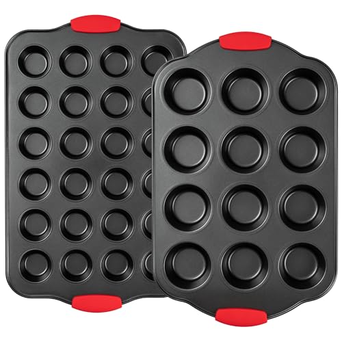 Tiawudi Muffin Pan, Nonstick Cupcake Pan Set, 2 Pack Heavy Duty Muffin Tins for Baking, 12-Cup Regular and 24-Cup Mini Bareware Tray with Silicone Grip Handles