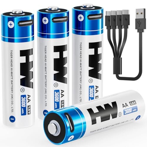 HW Rechargeable AA Lithium Batteries, [1.5V, 4-Pack] 3600mWh High Capacity USB C Battery Fast Charging, 1000 Cycles Pilas Recargables for VR/Gaming Controllers, Wireless Mice/Keyboards, Remotes, etc.
