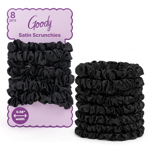 Goody Ouchless Skinny Satin Scrunchies, Frizz Fighting, No Damage Scrunchies, Gentle, Secure & Creaseless Hair Ties for Day and Overnight, All Hair Types, Gifts for Women & Girls, 8 Ct, Black