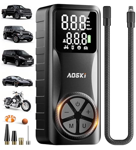 AOSKI Tire Inflator Portable Air Compressor: Versatile Nozzles & 150PSI Fast Inflation Air Pump for Car Moto Bike Ball - One-Button Control - Senior-Friendly Solution for Elderly Drivers