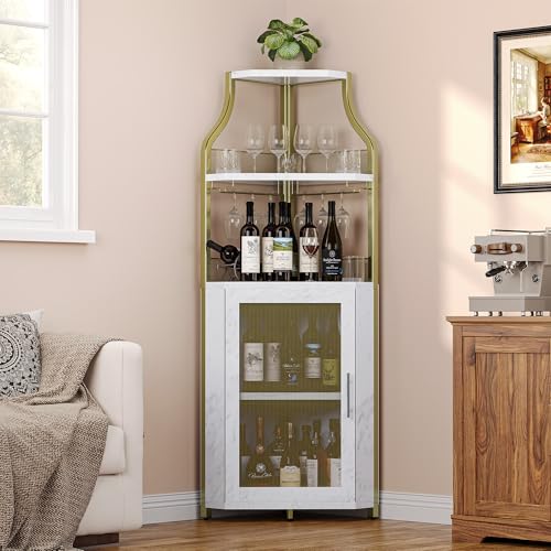 GarveeHome Corner Wine Cabinet with Detachable Wine Rack, 5-Tier Industrial Corner Bar Cabinet with Barn Door and Glass Holder, Farmhouse Buffet Cabinet and Home Bar, Gold