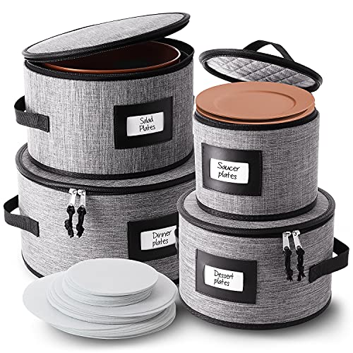 Fine China Storage Containers Hard Shell, 4 Piece Dish Storage Containers, Quilted Plate Storage Containers, Stackable Dish Organizer with Dividers, Dinnerware Storage for Moving and Seasonal Storage