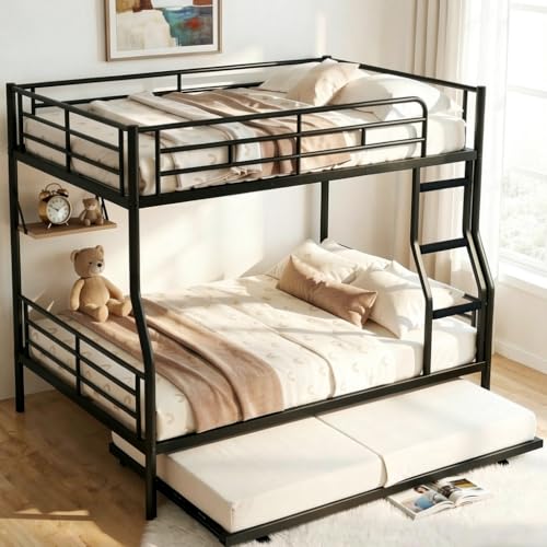 Miscoos Full XL Over Queen Bunk Bed with Trundle, Heavy-Duty Queen Bunk Bed with with Safety Ladder and Full-Length Guardrail, Convertible to 3 Beds for Teens and Adults, Black
