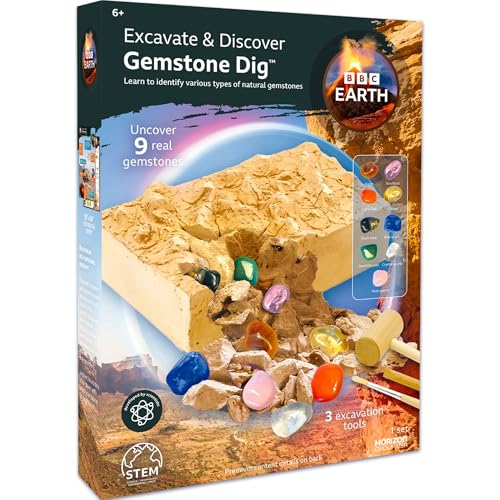 BBC Earth Excavate & Discover Gemstone Dig, Dig Up 9 Real Gemstones & Make Keychains, Rock Digging Excavation Kit, STEM Learning Kit, Kids Science Kit, Great 6 Year Old Boy Birthday Gift, Amazon Kids