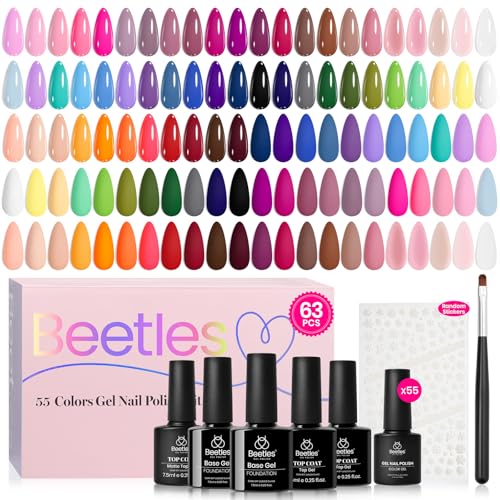 Beetles Gel Nail Polish Set, 63 PCS 55 Colors Gel Polish Kit with Base Coat, Glossy Matte Top Coat, Nail Art Stickers and Brush, Pink Red Blue Green Nude Soak Off UV LED for DIY Home Manicure