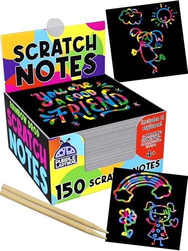 PURPLE LADYBUG Scratch Art for Kids - 150 Rainbow Scratch Art Mini Notes Arts and Craft Supplies, Crafts for Kids Ages 4-12, Mothers Day Note Cards, Kid Summer Activities for Camping & Summer Crafts