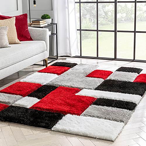 Well Woven San Francisco Escondido Red Modern Geometric 3D Textured Thick and Soft Shag 7'10" x 9'10" Area Rug