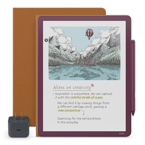 Amazon Kindle Scribe Essentials Bundle - Amazon Kindle Scribe Colorsoft (64GB) - Fig, Premium Pen, Premium Leather Executive Folio Cover-Caramel,Power Adapter