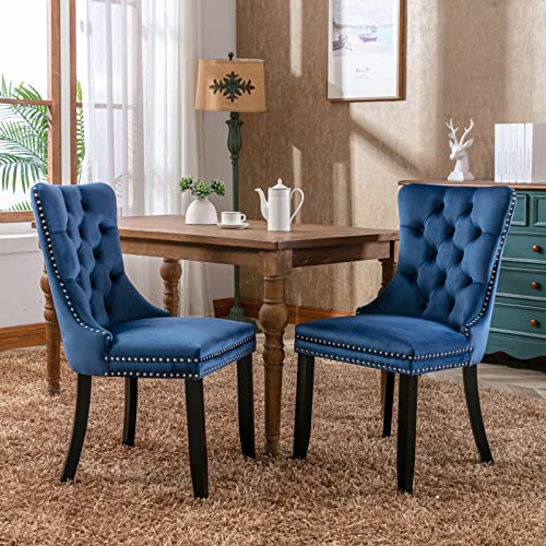 ACQCA Velvet Upholstered Dining Chairs Set of 2, Button Tufted Wingback with Nailhead Trim and Pull Ring, Solid Wood Legs, Easy Assembly,Blue