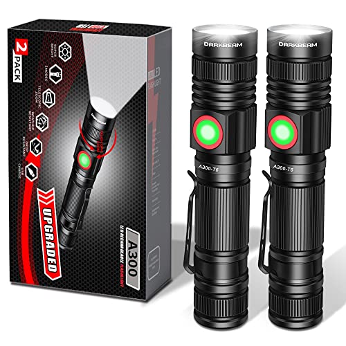 DARKBEAM LED Flashlights Rechargeable USB 2000 High Lumens, Small and Bright Pocket Flashlight, Zoomable Water Resistant Handheld Flash Light for Camping, Outdoor, Emergency with Battery, 2 Pack