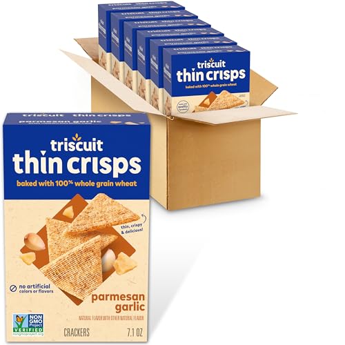 Triscuit Thin Crisps Parmesan Garlic Whole Grain Wheat Crackers, Lunch Snacks, Bulk Snack Crackers, 6 - 7.1 oz Boxes