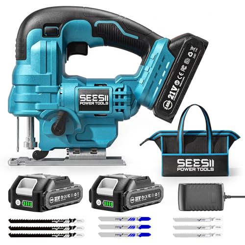 SEESII Jig Saw, Cordless Jigsaw Tool with 2×2.0Ah Batteries and Charger, ±45° Bevel Cuts, 4 Orbital Action for Wood Cutting, Variable Speed, Mini Jigsaw with 9 Blades, LED Light, Lock, Storage Bag