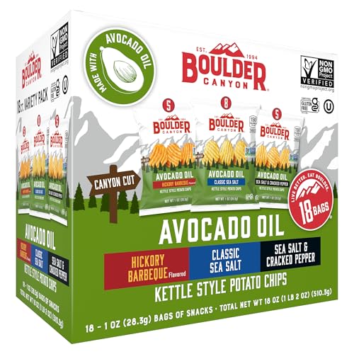 Boulder Canyon Avocado Oil Kettle Style Potato Chips Variety Pack, 18 Count - Gluten-Free, Non-GMO, Hickory Barbecue, Classic Sea Salt, Sea Salt & Cracked Pepper (1 oz Bags)