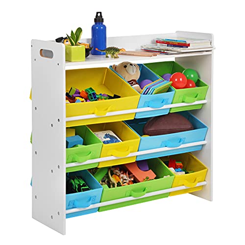 SONGMICS,Organizer and storage bins, Kid’s toy storage Unit with 9 Removable Non-Woven Fabric, Top Book Shelf, for Nursery Playroom, White UGKR31WT