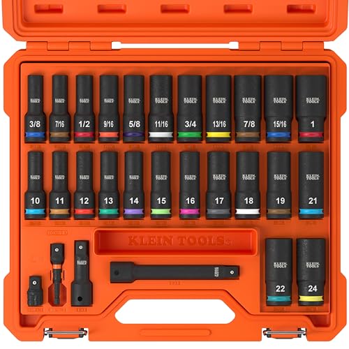 Klein Tools 65123HD KNECT Deep-Well Impact Socket Set, 1/2-Inch Drive, SAE and Metric, 28-Piece Tool Set, 1/4-Inch Impact Driver, Wrench Extensions, Color-Coded, Removable Socket Organizer