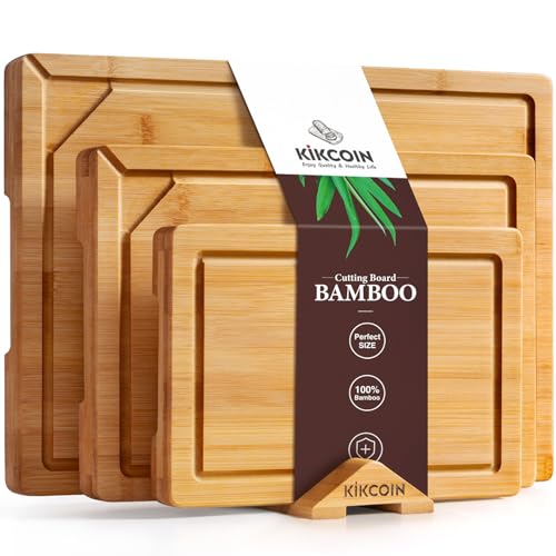 Kikcoin 3+1 Piece Self-Draining Bamboo Cutting Boards, Wooden Cutting Boards for Charcuterie, Vegetables, Cheese, Bread, Extra Large Chopping Boards with Deep Juice Groove and Handle, Natural