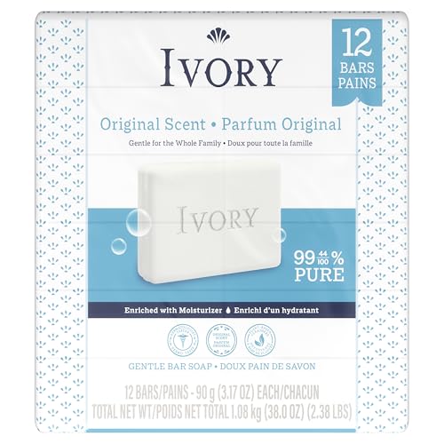 Ivory Gentle Bar Soap, Designed for Whole Family, 99.44% Pure Formula, Plant-Based Cleanser, Made Without Heavy Perfumes, Parabens & Phthalates, For All Skin Types, Original Scent, 3.17 oz (12 Count)