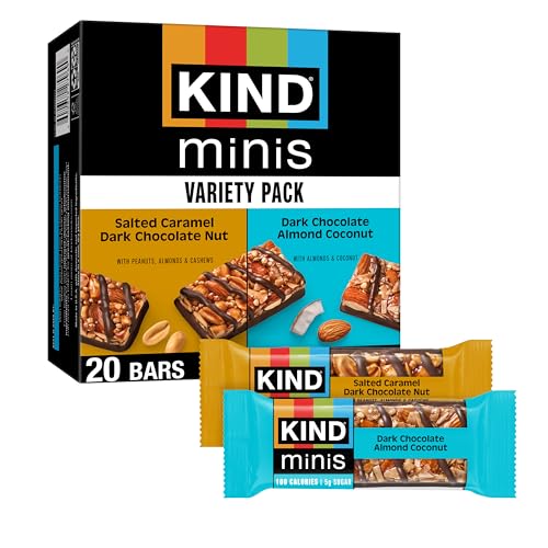 KIND Mini Snack Bars Variety Pack, Gluten Free, Low Sugar, Low Calorie Snacks, Salted Caramel Dark Chocolate Nut, Dark Chocolate Almond Coconut, 20 Count