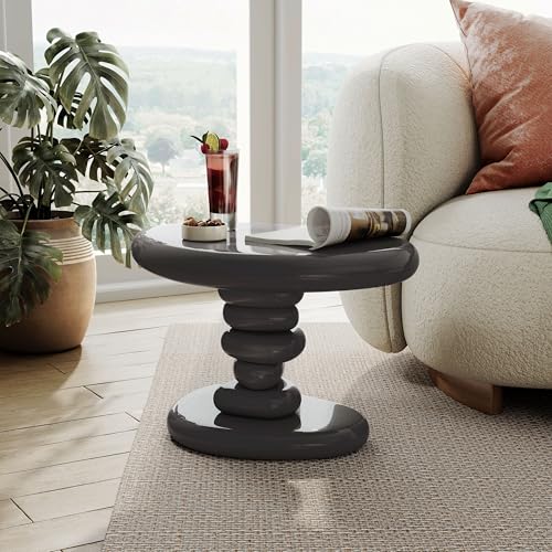 24/7 Shop at Home Kavren Modern 22-inch Oval Glossy Pedestal End Table, Stone Shape Living Room Furniture for Small Space, Dark Grey