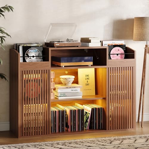 IRONCK Luxury Record Player Stand with Storage, Holds 1500+ Vinyl Records, Large Record Storage Cabinet with Sliding Doors & Charging Station & LED Light, Brown