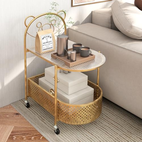 Giantex 2-Tier Modern Bear Pattern Coffee Table, Golden/White Lacquered Finish, Tempered Glass Top, Storage Basket, Wheels