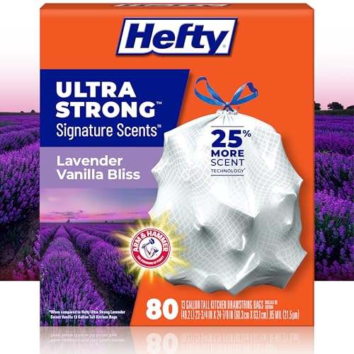 Hefty Ultra Strong Signature Scents 13 Gallon Trash Bags, Lavender Vanilla Bliss Scent, Tall Kitchen Trash Bags with 25% More Scent Technology, White, 80 Count