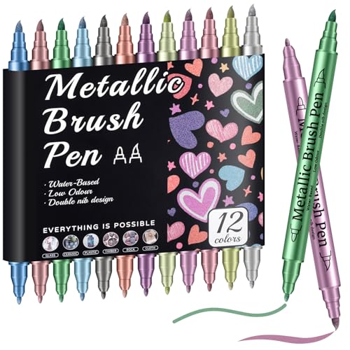 Prudiut 12 Pack Metallic Markers, Dual Tip Metallic Paint Pens, Water Based Acrylic Markers for Black Paper & Rock Painting, Scrapbooking Supplies, Marker Set for Glass, Wood