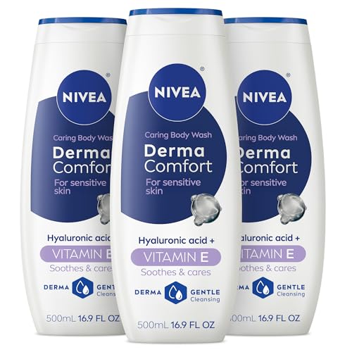 NIVEA Derma Comfort Caring Body Wash for Sensitive Skin, Body Wash with Hyaluronic Acid and Vitamin E, 16.9 Fl Oz Bottle, Pack of 3