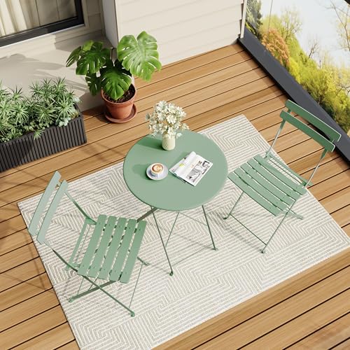 Bistro Table and Chairs Set of 2, 3 Piece Outdoor/Indoor Folding Patio Bistro Sets, 2 Chair Patio Furniture Set with Table, Premium Frame Foldable Coffee Tables for Balcony, Yard, Garden, Green