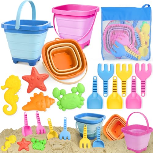 Dreamon Beach Toys for Kids 3-10, Collapsible Sand Castle Toys for Beach Include 3 Pack Foldable Buckets, Shovels Molds and Storage Mesh Bag, Sandbox Travel Toy for Toddlers Kids
