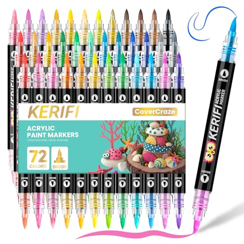 KERIFI Acrylic Paint Markers, Automatic Ink Control Markers for Rock Painting, High Coverage for Multi-Surface Wood Ceramics Metal, DIY Art Crafts Supplies, Christmas Ornaments (36 Count & 72 Colors)