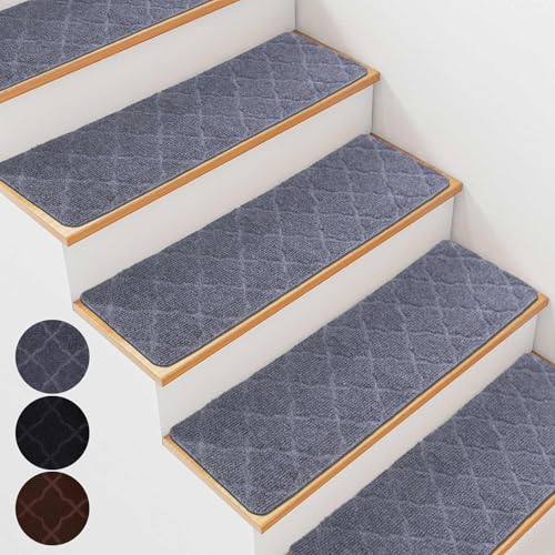 7 PCS Non Slip Stair Treads for Wooden Steps – 8"x30" Indoor Non Slip Stair Treads, Carpet Stair Mats with Self-Adhesive Backing, Removable & Machine Washable – Light Grey Pattern