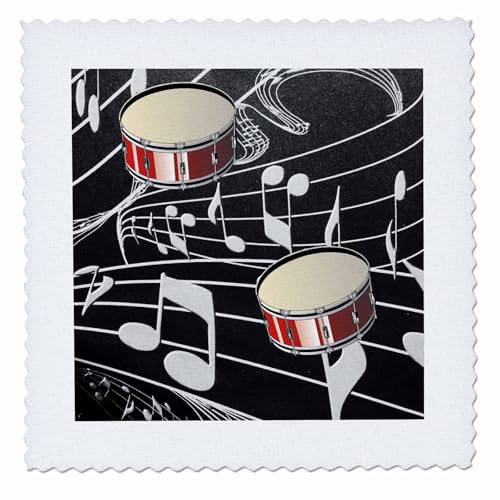 3dRose qs_38199_1 Red Drums on Music Notes Quilt Square, 10 by 10-Inch