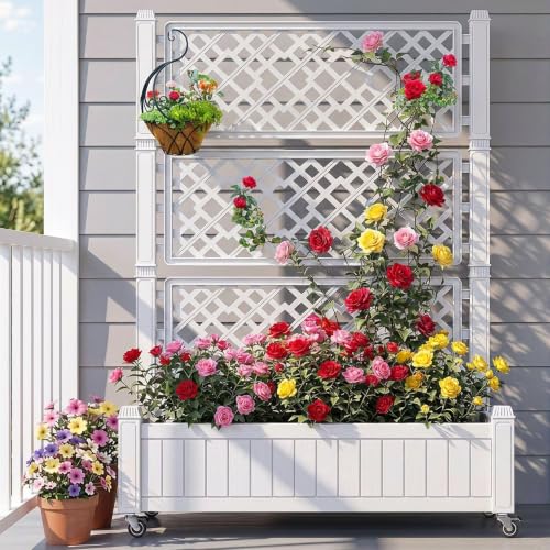 YITAHOME 43.3x17.7x61 in Planter Boxes Outdoor with Trellis, Resin Raised Garden Bed with Wheels & Drain Plug for Climbing Plants, Weather-Resistant Design Elevated Garden Bed with Trellis, White