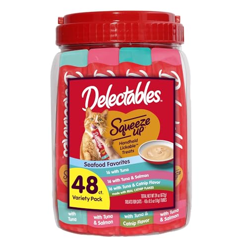 Delectables Squeeze Up Tuna with Salmon & Catnip Variety Pack, Creamy Squeezable Puree, Lickable Wet Cat Treats, Grain-Free, No Added Fillers, 0.5 Ounces Tube, 48 Tubes Total
