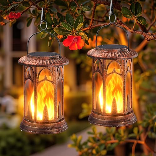 KOOPER Taller Solar Lanterns Outdoor Waterproof Hanging Solar Lantern Lights, 2Pack Upgraded Flickering Flame Lanterns Decorative Outdoor, Battery & Solar Powered lantern for Garden Yard Decor, Bronze