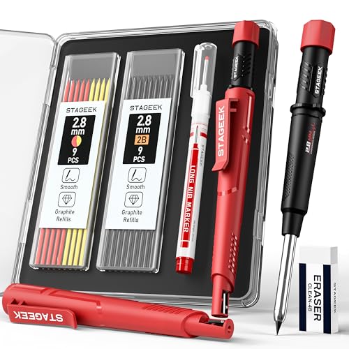 STAGEEK Carpenter Pencil with Sharpener, Mechanical Carpenter Pencils with 19 Refills, Construction Pencil Heavy Duty Woodworking Tools, Deep Hole Long Nib Marker Pens for Architect Marking
