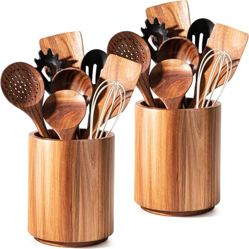 Criusia Utensil Holder 2 Pack, 360° Rotating Acacia Wood Cooking Utensil Crocks for Kitchen Counter, Farmhouse & Modern Decor, (2 Large)