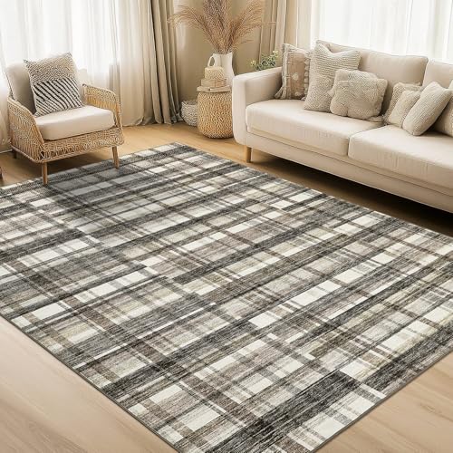 GarveeHome 8x10 Living Room Area Rugs Modern Distressed Plaid Bedroom Low Pile Washable Office Carpet Neutral Soft Nursery Carpet Non Slip Faux Wool Farmhouse Rug Beige and Brown