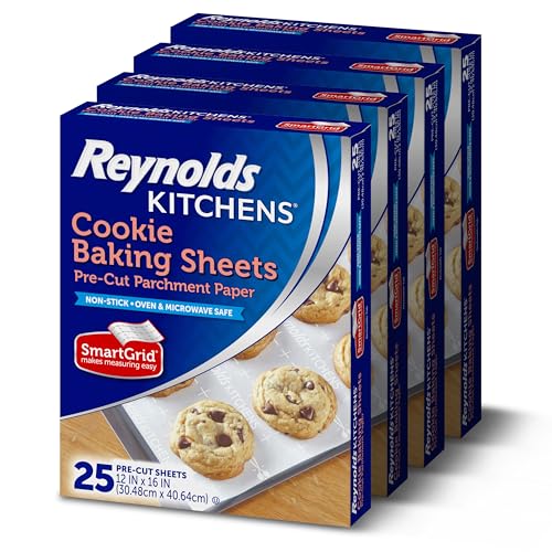 Reynolds Kitchens Cookie Baking Sheets, Pre-Cut Parchment Paper, 25 Count per Pack (Pack of 4), 100 Sheets Total