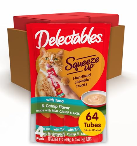 Delectables Squeeze Up Tuna with Catnip Creamy Squeezable Puree, Lickable Wet Cat Treats, Grain Free, No Added Fillers, No By-Products, No Added Preservatives, 0.5 Ounces Tube, 64 Tubes Total