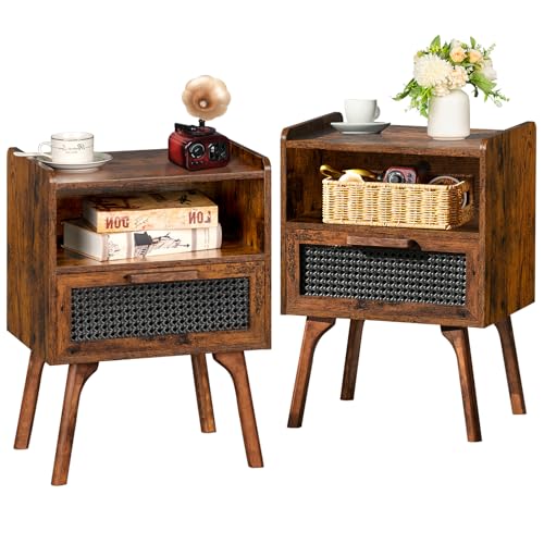 Lerliuo Rattan Nightstands Set of 2, Boho Side Table with Drawer Open Shelf, Cane Accent Bedside End Table with Solid Wood Legs for Bedroom, Dorm and Small Spaces (Brown)