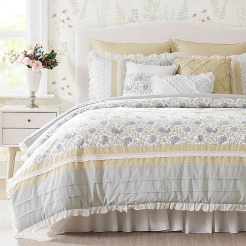 Madison Park Dawn 100% Cotton Shabby Chic Comforter Set-Modern Cottage Design All Season Down Alternative Bedding, Matching Shams, Bedskirt, Decorative Pillows, Cal King(104"x92"), Yellow 9 Piece