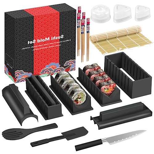 HI NINGER Sushi Making Kit Deluxe Edition Complete Sushi Maker Kit 17PCS Home Sushi Mold Press with Sushi Rice Roll Mold Shapes,Fork,Spatula, Sushi Knife, Sushi Rolling Mat, Chopsticks