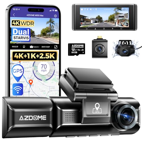 AZDOME M550 Max 4K 3 Channel Dash Cam, Dual STARVIS Sensors, 4K+2.5K+1080P Front and Rear Inside Triple Car Camera, Built-in WiFi GPS, 64GB Card Included, IR Night Vision, Ride Share Accessories