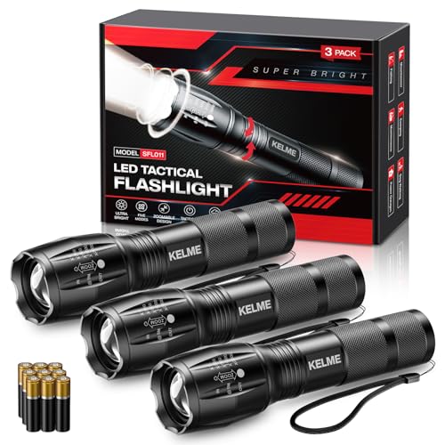 KELME 3 Pack Flashlights High Lumens, Powerful Tactical Flashlights with 5 Modes, Zoomable Small LED Flashlight Waterproof Handheld Flash Light for Home Emergencies Camping Hiking (Battery Included)