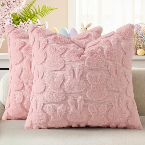 decorUhome Easter Bunny Pillow Covers 18x18 Inch Set of 2, Soft Plush Faux Wool Jacquard Pink Rabbit Cushion Covers, Farmhouse Neutral Spring Easter Holiday Decor for Couch Sofa Bed
