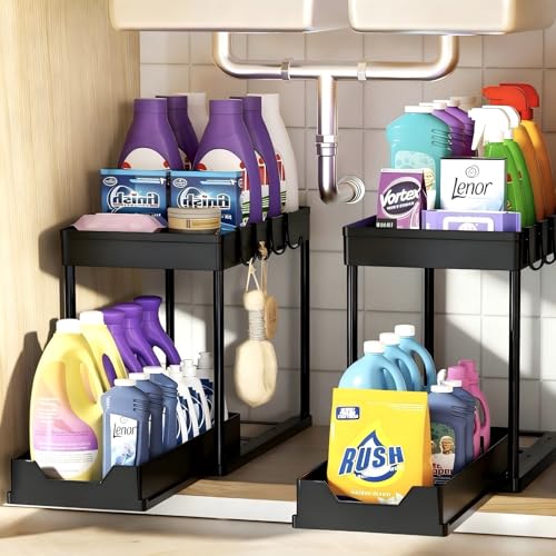 APWNRJA Under Sink Organizers 2 Pack, Pull-Out Sliding Cabinet Organizer with 2-Tier Storage Shelf & 4 Hooks, Multi-Purpose for Kitchen & Bathroom (13 Inch, Black)