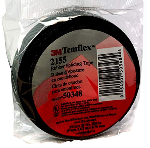 3M Temflex Rubber Splicing Tape 2155, 3/4 in x 22 ft, Black, General Purpose Self-Fusing Electrical Insulating Tape, 1 Roll